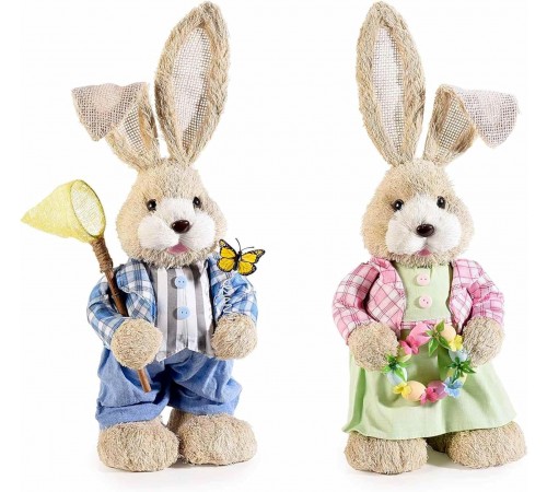 Coppia di Conigli Pasquali in Fibra Naturale Set da 2 Decorazioni per la Casa