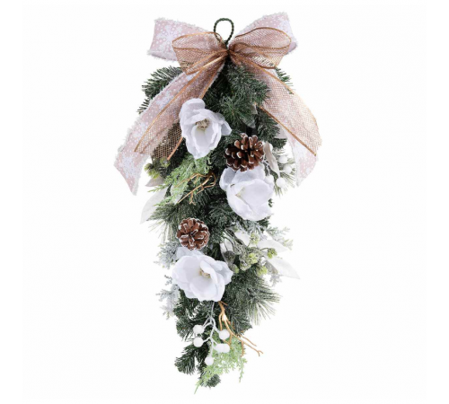 Ghirlanda natalizia con fiori bianchi, pigne e fiocco decorativo 66 cm