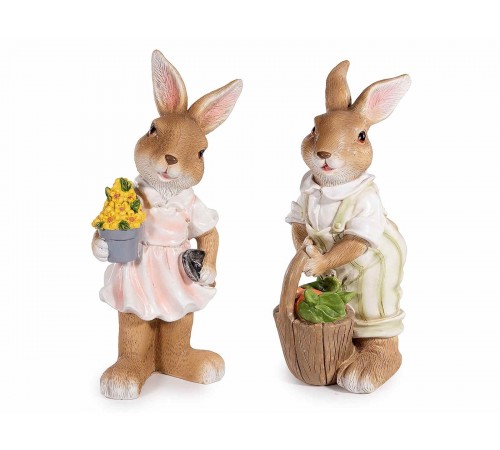 Set 2 Conigli Pasquali in Resina Dipinta, Decorazione per la Casa, Altezza 27,5 cm