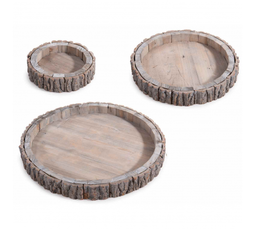 Set 3 Vassoi Rotondi in Legno con Bordo in Corteccia