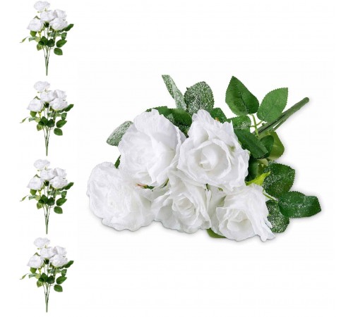 Set 4 Mazzi di Rose Bianche Artificiali Effetto Innevato