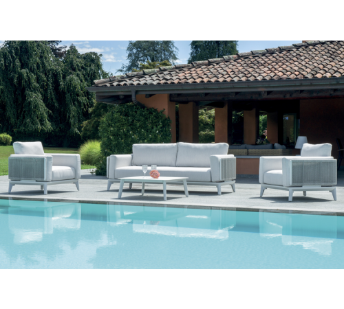 Salottino da giardino in alluminio bianco con corda e cuscini ecrù