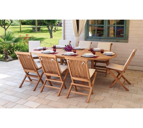 Set tavolo da giardino allungabile con 8 sedie in legno teak e cuscini