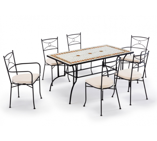 Set pranzo da giardino Pali con tavolo in mosaico artigianale e 6 sedie con cuscini