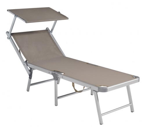 Set 2 lettini prendisole tortora da giardino in alluminio con struttura a 3 gambe e parasole