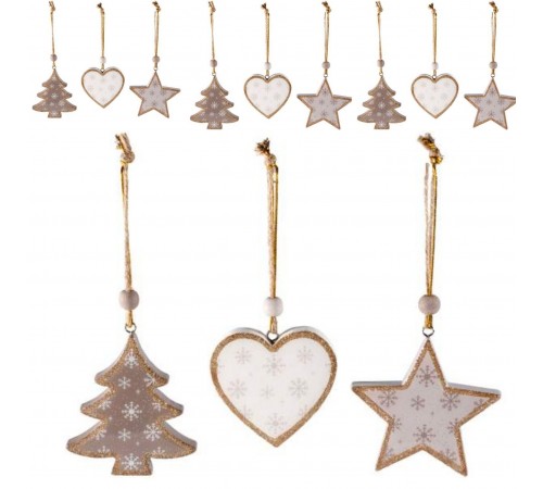 9 Addobbi Natalizi da Appendere in Legno con Riflessi Dorati - Cuore, Albero, Stella