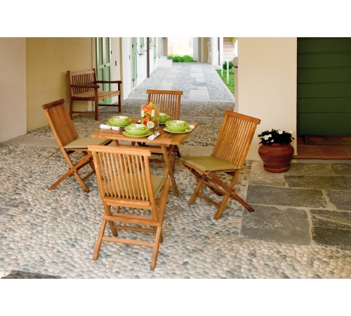 Set pranzo giardino con 1 tavolo e 4 sedie pieghevoli in legno cuscini inclusi
