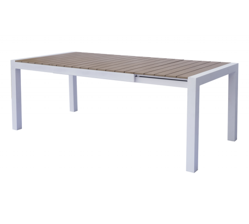 Tavolo da giardino in alluminio bianco con top in legno resinato, allungabile da 160 a 210 cm