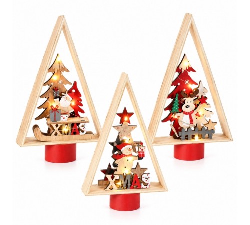 Set 3 Alberi Natalizi da Tavolo in Legno con LED 26 cm