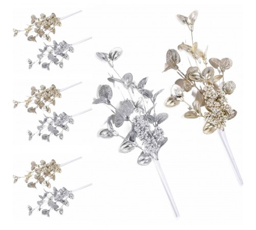 Set 6 Rami Artificiali con Bacche e Foglie Oro e Argento