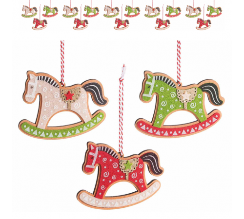 Set 18 Cavallini a dondolo in legno e panno colorato da appendere - Decorazioni Natalizie per l'albero