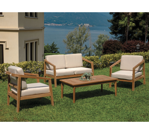 Salotto da Giardino in Legno Teak con Divano, Poltrone con Cuscini e Tavolino