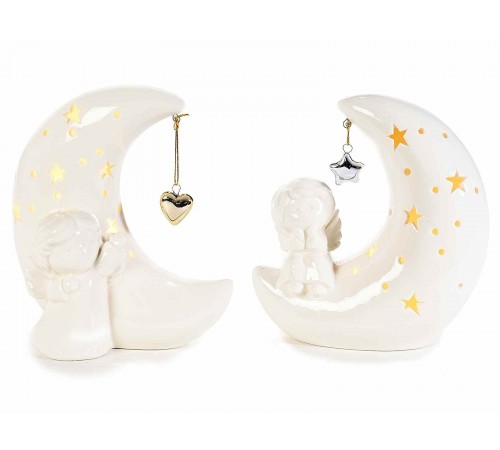 Decorazioni Natalizie da tavolo luminose con luna ed Angeli in ceramica set da 2 pezzi