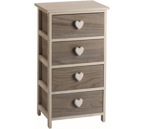 Cassettiera Shabby chic in legno naturale con 4 cassetti e pomoli a cuore 40 x 73 centimetri