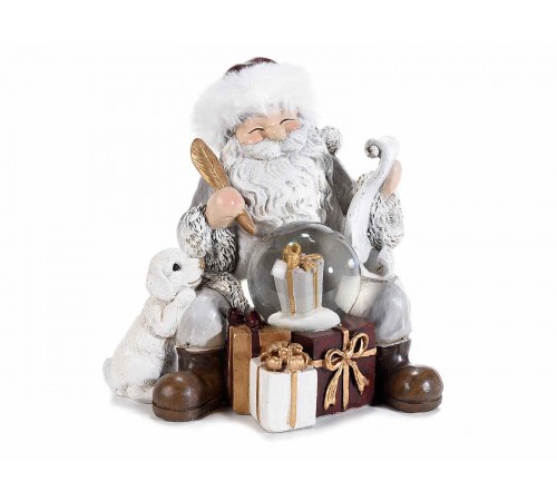 Babbo Natale in Resina con Palla di Neve e Pacchi Regalo Statuina Natalizia da Appoggiare per la Casa Altezza 13 Cm