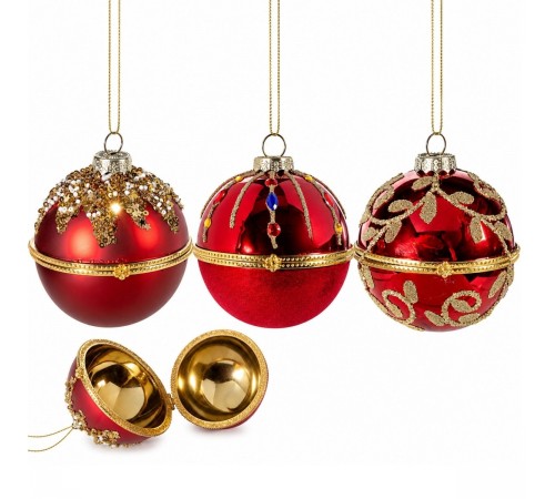 Set 12 Palline di Natale Apribili in Vetro Rosso e Oro