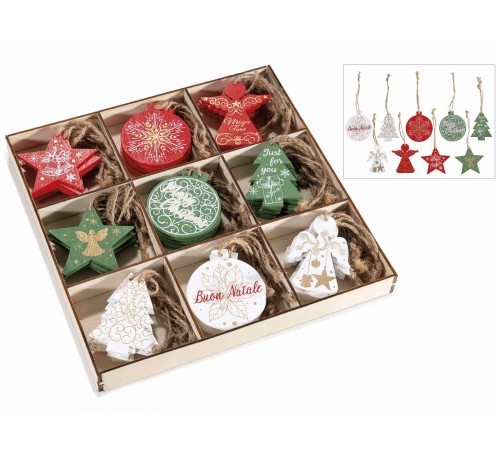 Confezione 72 Decorazioni Natalizie da Appendere in Legno Colorato - Figure Assortite