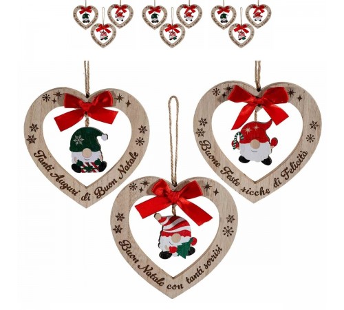 Set 9 Cuori di Natale in Legno con Gnomi 15 cm