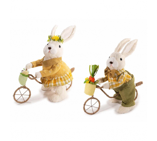 2 Conigli Pasquali in Fibra Naturale con Bicicletta, Idea Regalo