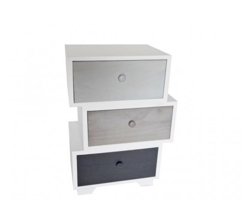 Mobiletto moderno in legno con 3 cassetti asimmetrici e colorati 40 x 64 centimetri