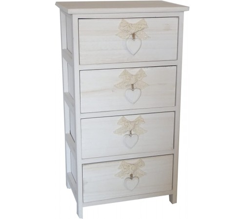 Cassettiera Shabby chic in legno Bianco Washed con 4 cassetti e pomoli con fiocchi e cuore 40 x 73 centimetri