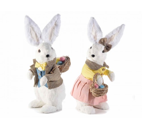 Coniglietto e Coniglietta Pasquali Decorativi in Fibra Naturale con Cestino, Vestito e Uova