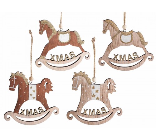 Decorazioni Natalizie da Appendere a Forma di Cavalluccio con Scritta Xmas Dorata Confezione da 12 Pezzi