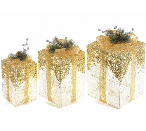 Decorazione Natalizia Luminosa a Forma di Pacchi Regalo Dorati con Led e Fiocco Addobbo Luminoso per Vetrine e Negozi Set 3 Pezzi