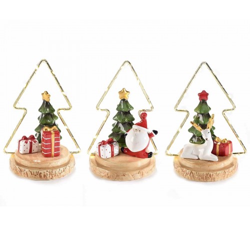 Set 3 alberi da appoggiare con personaggi Natalizi in ceramica e luci LED