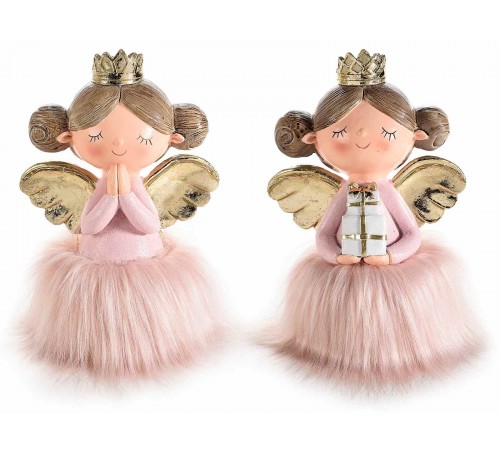 Angioletti Natalizi decorativi con luci Led ali dorate e gonna in pelliccia sintetica