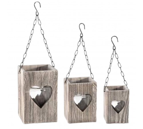 Set di Lanterne Portacandele Shabby Chic in Legno da Appendere o Appoggiare