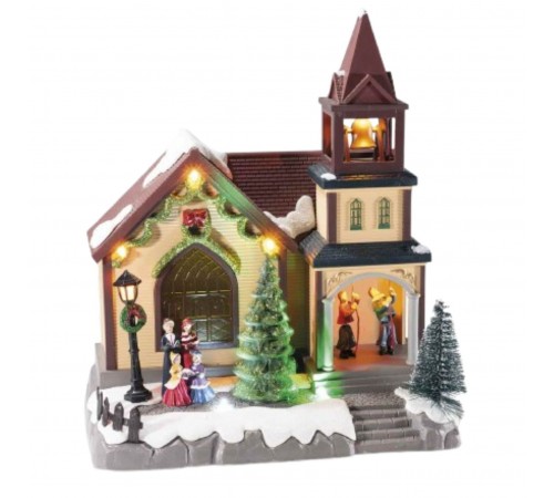 Decorazione Natalizia da Tavolo a Forma di Chiesa con Campane e Albero in Movimento, Luci e Suoni