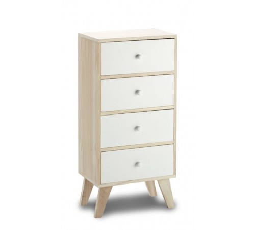 Cassettiera in legno naturale con 4 cassetti bianchi 40 x 82,5 centimetri