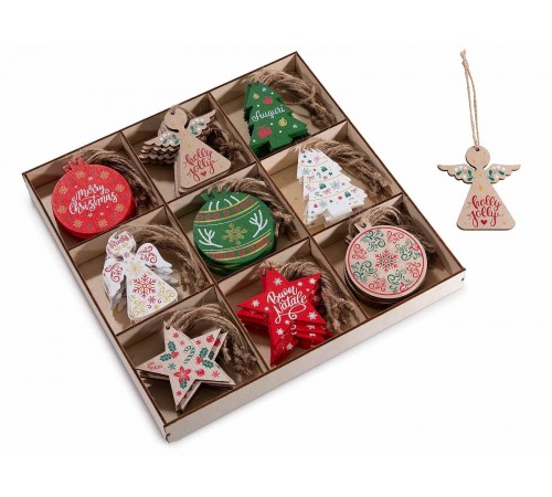 Set 144 decorazioni Natalizie in legno colorato da appendere, figure assortite – 6,5 x 7 centimetri