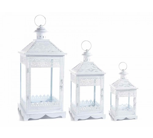 Lanterne Portacandela Shabby Chic con Decorazioni Intagliate in Metallo Colore Bianco Set da 3