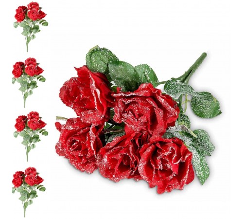 Set 4 Mazzi di Rose Rosse Artificiali Effetto Innevato