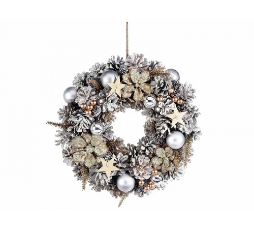 Ghirlanda Natalizia Addobbata con Palline, Pigne e Fiori Corona Natalizia da Porta Diametro 30 Cm Idea Regalo