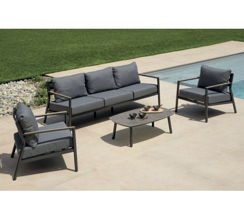 Set salotto da giardino 5 posti in alluminio con cuscino, tavolini e inserti in teak