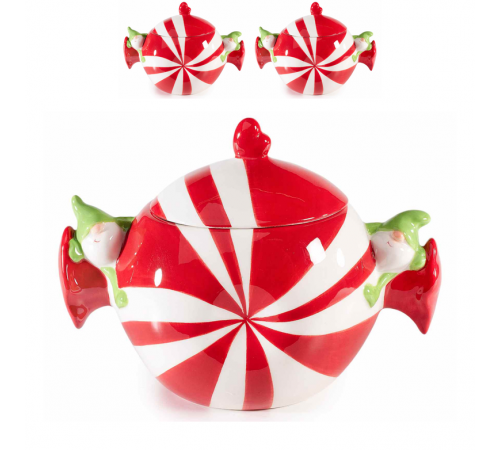 Barattoli natalizi in ceramica bianca e rossa a forma di caramella con gnomi 2 pezzi