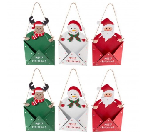 Lettera di Babbo Natale da Appendere, in Metallo con Personaggio - Set da 6