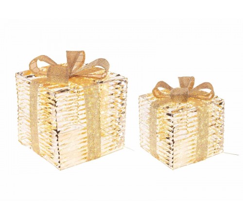Set 2 pacchi regalo natalizi in metallo dorato con luci LED bianco caldo per decorazioni eleganti