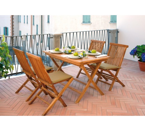 Set tavolo e sedie in legno teak 4 posti completo di cuscini struttura pieghevole