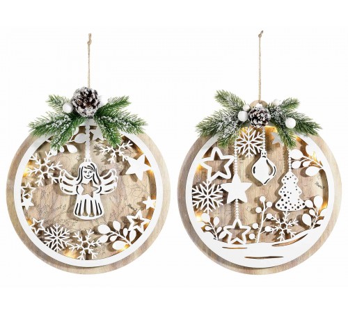 Quadretti Natalizi con luci led, in legno intagliato - 2 pezzi, diamentro 28 cm