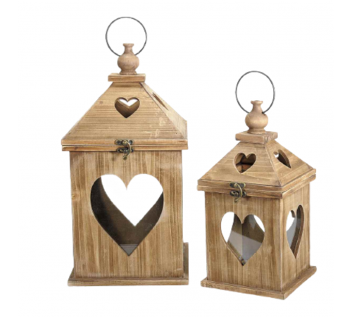Lanterne Portacandele con Intaglio a Cuore in Legno Naturale Set da 2 Idea Regalo