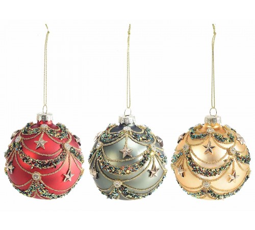 Palline di Natale in Vetro con Decorazioni in Rilievo Addobbi Natalizi Rifiniti a Mano Set 12 Pezzi Colori Assortiti Diametro 8 Cm 