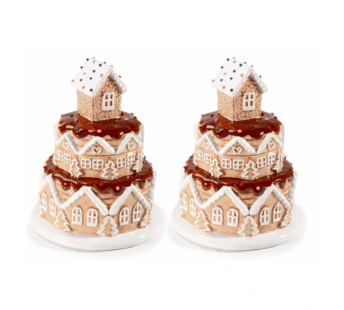 Barattoli natalizi in ceramica colorata a forma di torta con casette 2 pezzi