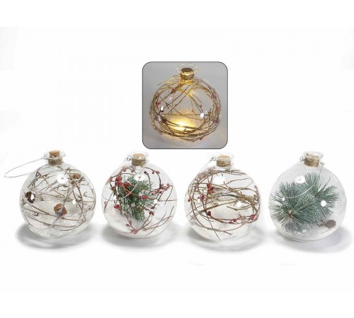 Palline per albero di Natale con decorazioni interne e luce led calda set da 4 palline