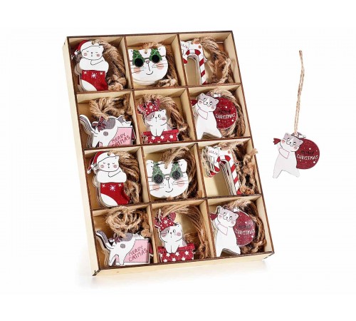 Decorazioni Natalizie da appendere in legno con gattini scatola da 72 decorazioni assortite