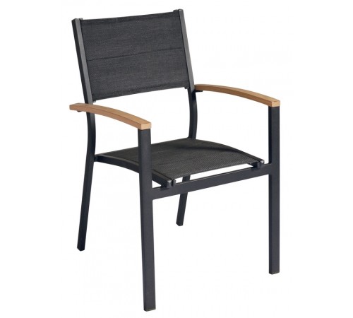 Set 4 sedie per bar e giardino in alluminio nero con seduta imbottita e braccioli in teak