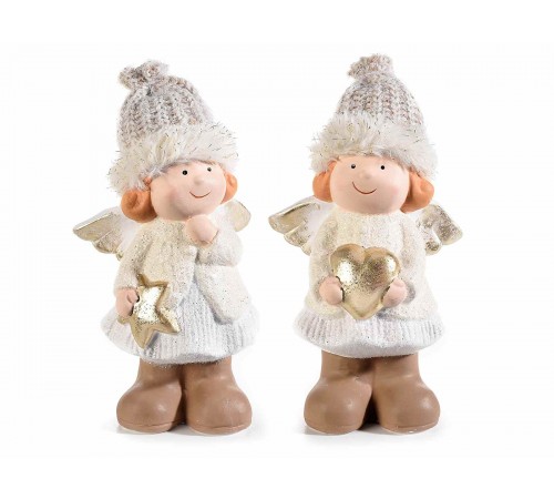 Angioletti Natalizi da Tavolo in Ceramica con Cappello a Maglia - Set da 2